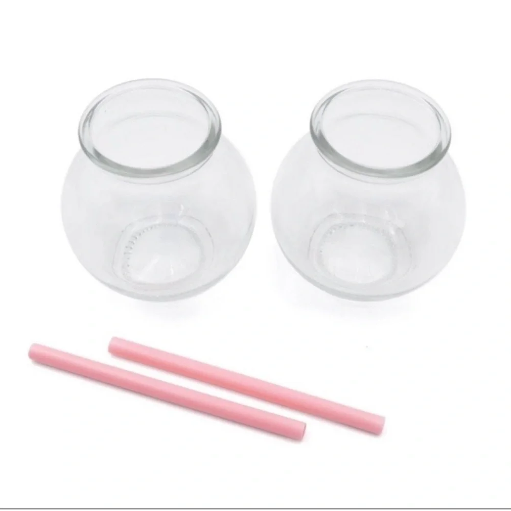 New! Set of 2 Fishbowl Glass Tumblers, Each- 10oz w/ straw